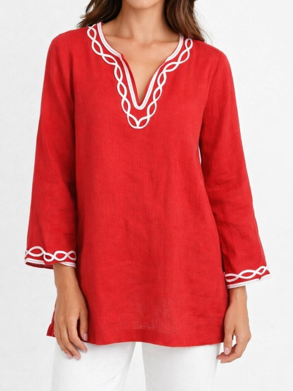 Talbots 100% Linen Red and White Embroidered Tunic Women's Sz S